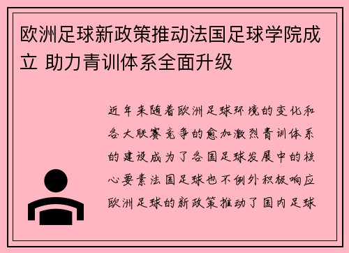 欧洲足球新政策推动法国足球学院成立 助力青训体系全面升级