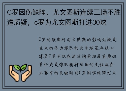 C罗因伤缺阵，尤文图斯连续三场不胜遭质疑，c罗为尤文图斯打进30球