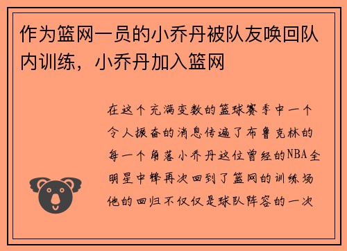 作为篮网一员的小乔丹被队友唤回队内训练，小乔丹加入篮网