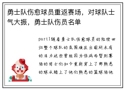 勇士队伤愈球员重返赛场，对球队士气大振，勇士队伤员名单