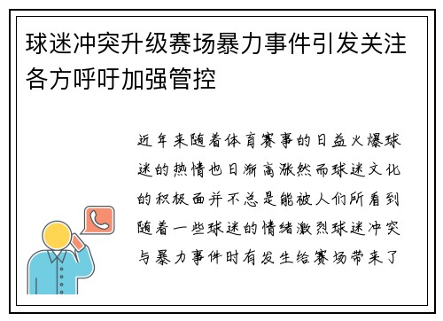 球迷冲突升级赛场暴力事件引发关注各方呼吁加强管控