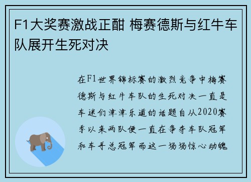 F1大奖赛激战正酣 梅赛德斯与红牛车队展开生死对决