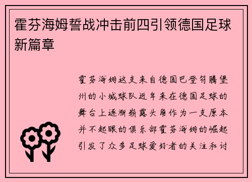 霍芬海姆誓战冲击前四引领德国足球新篇章